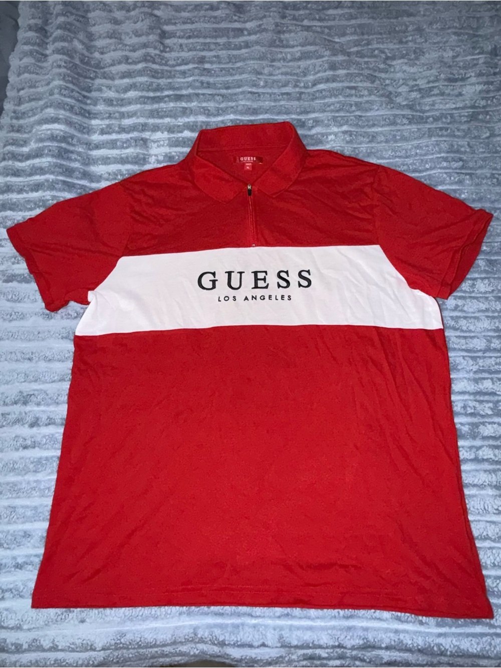 Guess Los Angeles Men's Colorblock Zip-Up Polo - Red & White